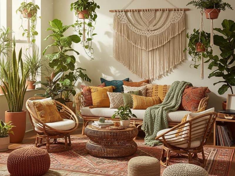 Boho Chic eingerichtetes Wohnzimmer — virtuelles Home Staging Beispiel