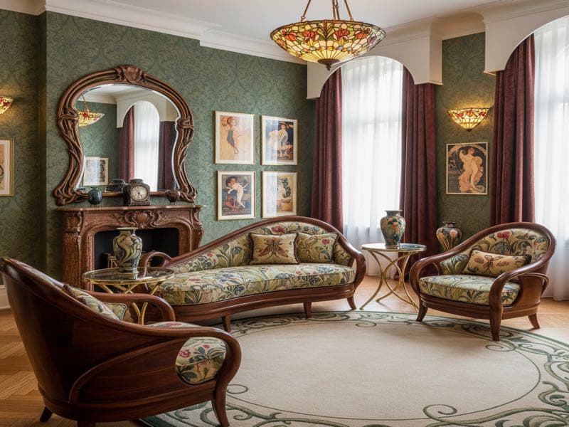 Jugendstil eingerichtetes Wohnzimmer — virtuelles Home Staging Beispiel