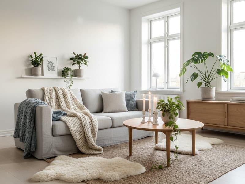 Skandinavisch eingerichtetes Wohnzimmer — virtuelles Home Staging Beispiel