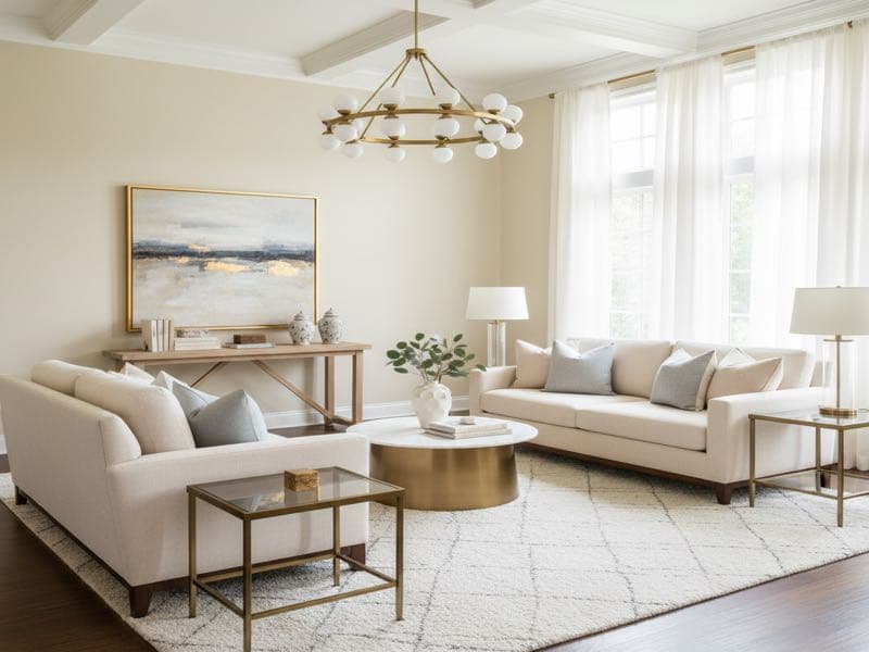 Transitional eingerichtetes Wohnzimmer — virtuelles Home Staging Beispiel