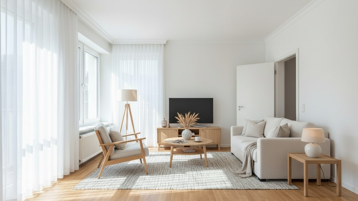 Modern eingerichtetes Wohnzimmer nach KI Home Staging mit Exposely
